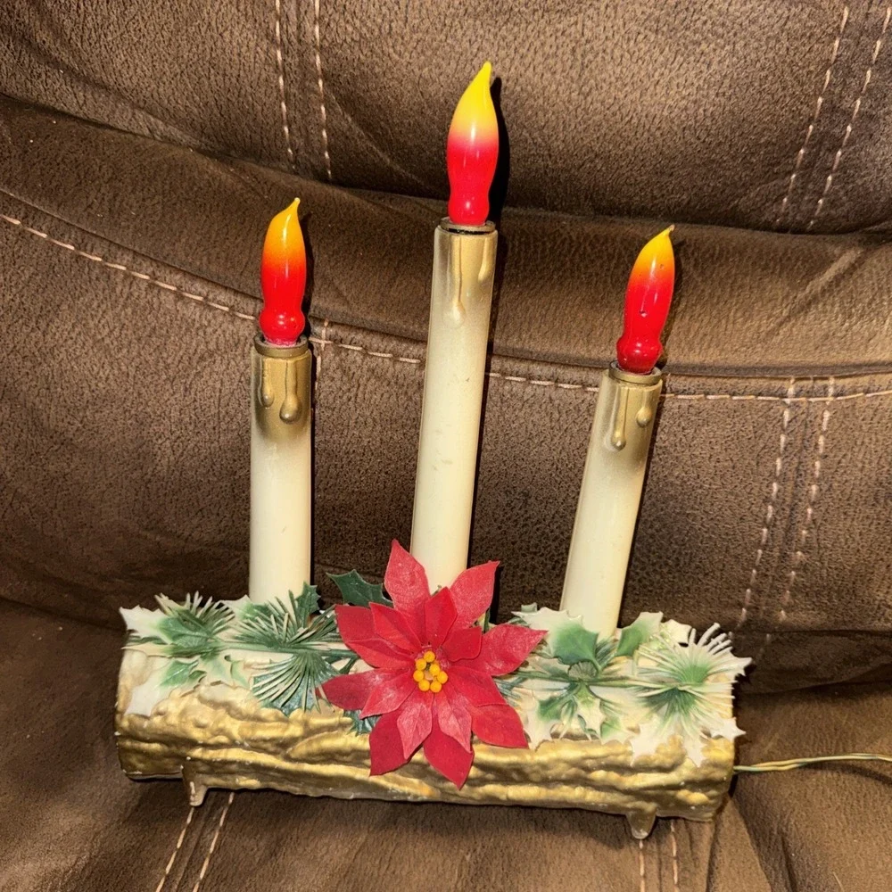 Vintage Christmas Electric 3 Candle Log Table Decoration Blow Mold Lighted